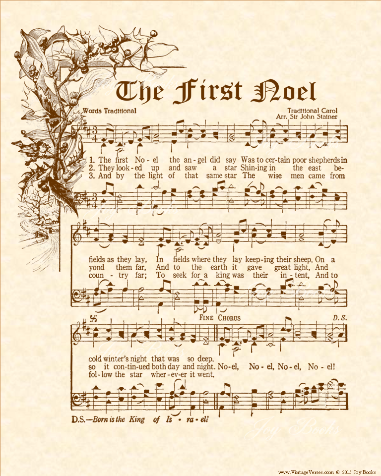 The First Noel - Christian Heritage Hymn, Sheet Music, Vintage Style, Natural Parchment, Sepia Brown Ink, 8x10 art print ready to frame, Vintage Verses