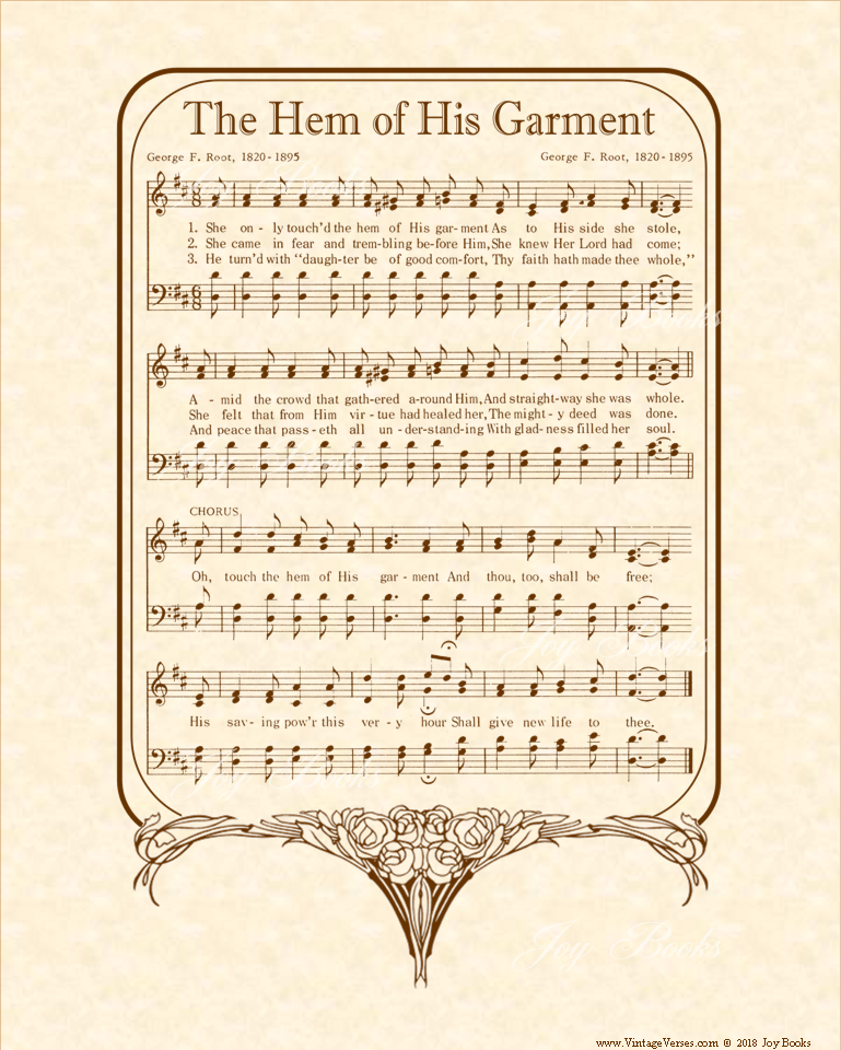 The Hem Of His Garment - Christian Heritage Hymn, Sheet Music, Vintage Style, Natural Parchment, Sepia Brown Ink, 8x10 art print ready to frame, Vintage Verses