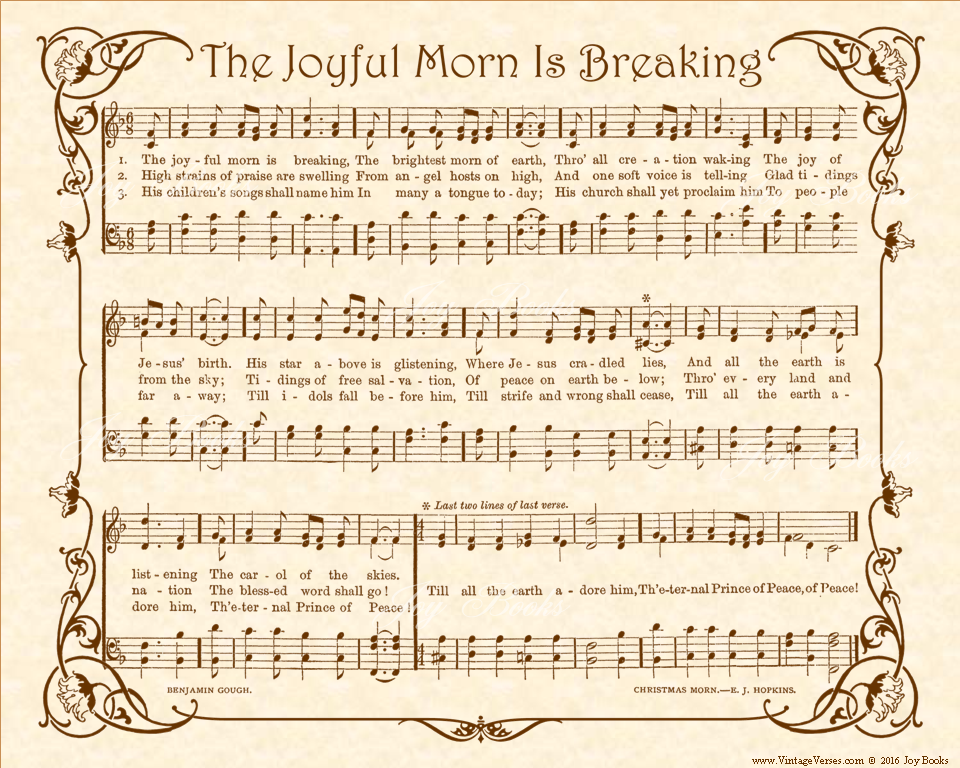 The Joyful Morn Is Breaking - Christian Heritage Hymn, Sheet Music, Vintage Style, Natural Parchment, Sepia Brown Ink, 8x10 art print ready to frame, Vintage Verses