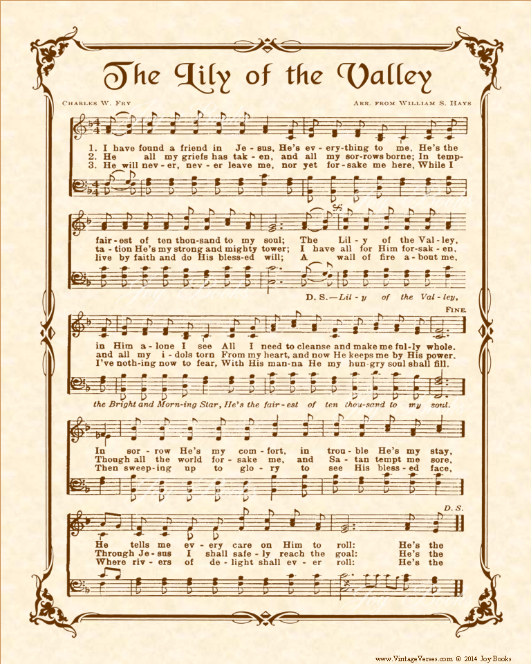 The Lily Of The Valley - Christian Heritage Hymn, Sheet Music, Vintage Style, Natural Parchment, Sepia Brown Ink, 8x10 art print ready to frame, Vintage Verses