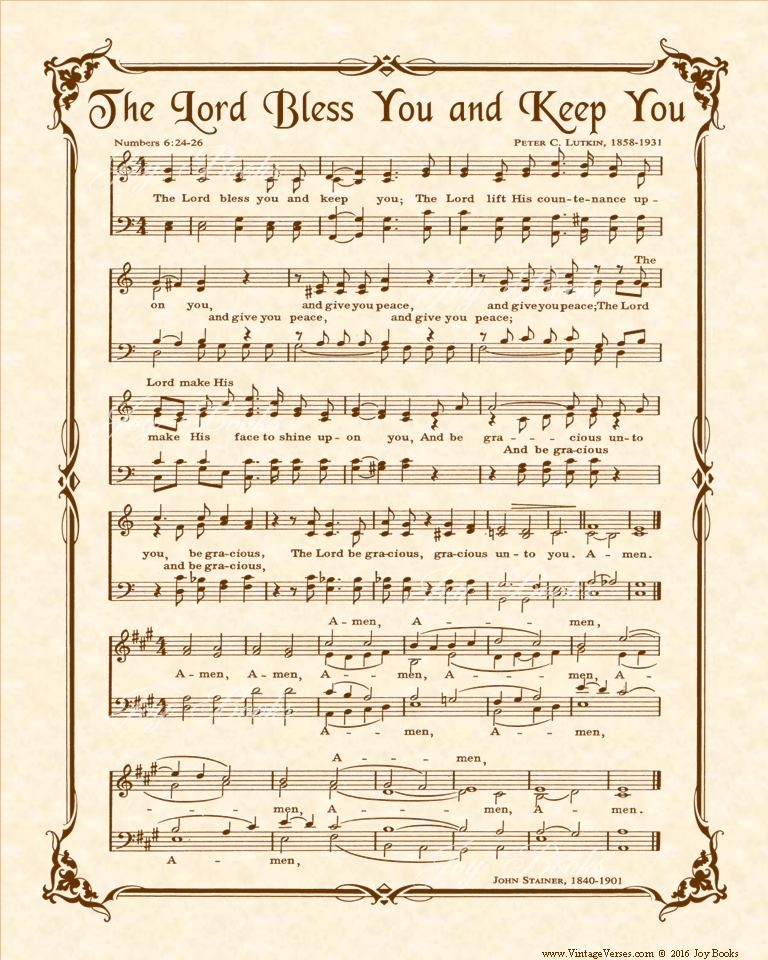 The Lord Bless You And Keep You - Christian Heritage Hymn, Sheet Music, Vintage Style, Natural Parchment, Sepia Brown Ink, 8x10 art print ready to frame, Vintage Verses