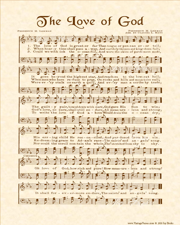 The Love Of God - Christian Heritage Hymn, Sheet Music, Vintage Style, Natural Parchment, Sepia Brown Ink, 8x10 art print ready to frame, Vintage Verses 