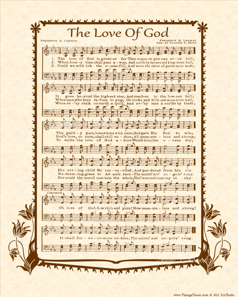 The Love Of God - Christian Heritage Hymn, Sheet Music, Vintage Style, Natural Parchment, Sepia Brown Ink, 8x10 art print ready to frame, Vintage Verses