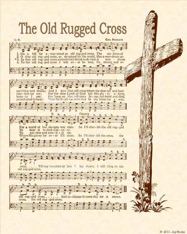 The Old Rugged Cross - Christian Heritage Hymn, Sheet Music, Vintage Style, Natural Parchment, Sepia Brown Ink, 8x10 art print ready to frame, Vintage Verses