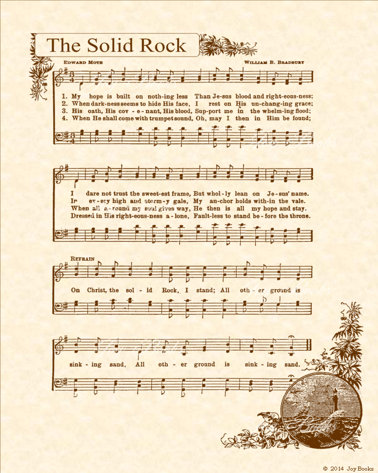 The Solid Rock - Christian Heritage Hymn, Sheet Music, Vintage Style, Natural Parchment, Sepia Brown Ink, 8x10 art print ready to frame, Vintage Verses