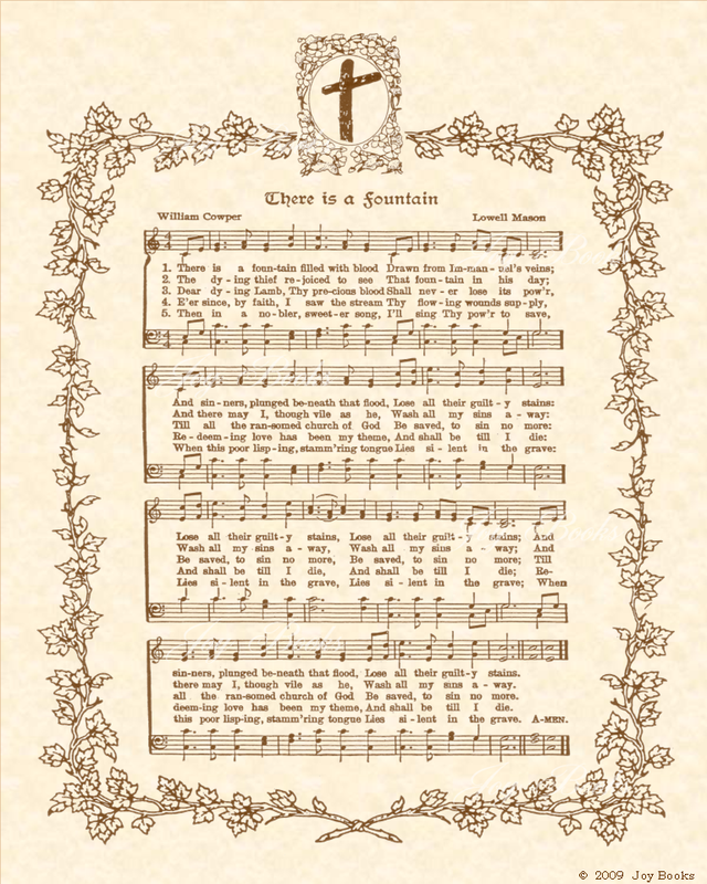 There Is A Fountain - Christian Heritage Hymn, Sheet Music, Vintage Style, Natural Parchment, Sepia Brown Ink, 8x10 art print ready to frame, Vintage Verses