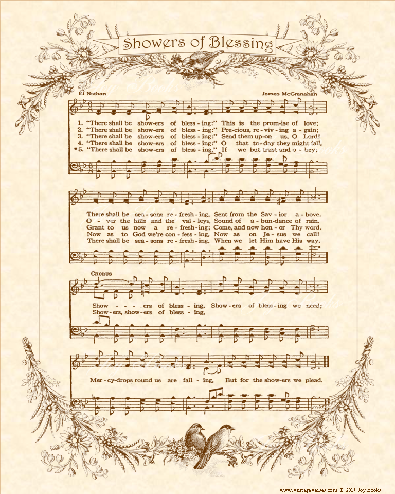 There Shall Be Showers Of Blessing - Christian Heritage Hymn, Sheet Music, Vintage Style, Natural Parchment, Sepia Brown Ink, 8x10 art print ready to frame, Vintage Verses