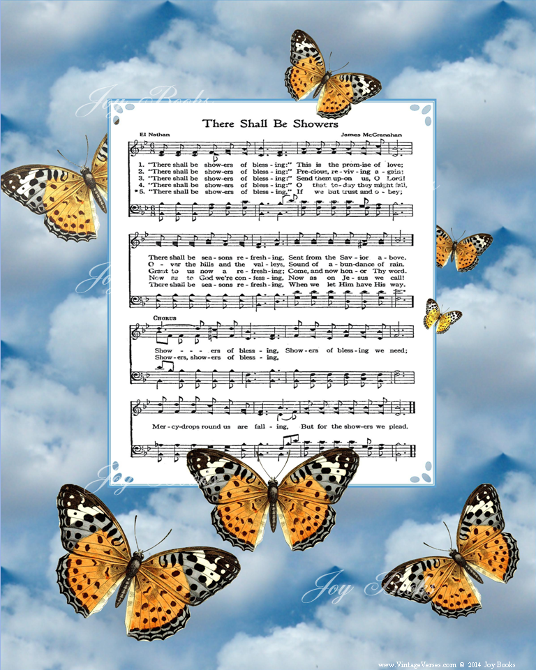 There Shall Be Showers Of Blessing - Christian Heritage Hymn, Sheet Music, Blue Sky and Butterflies, 8x10 art print ready to frame, Vintage Verses