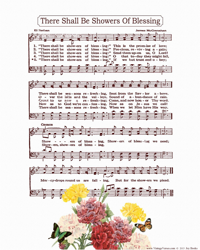 There Shall Be Showers Of Blessing - Christian Heritage Hymn, Sheet Music, Vintage Style, White Linen Paper, Burgundy Ink, Colorful Carnations and Butterflies, 8x10 art print ready to frame, Vintage Verses