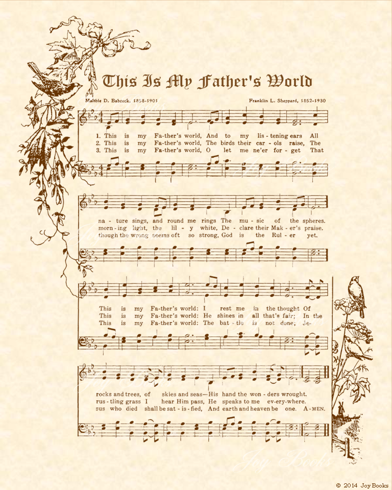 This Is My Father's World - Christian Heritage Hymn, Sheet Music, Vintage Style, Natural Parchment, Sepia Brown Ink, 8x10 art print ready to frame, Vintage Verses