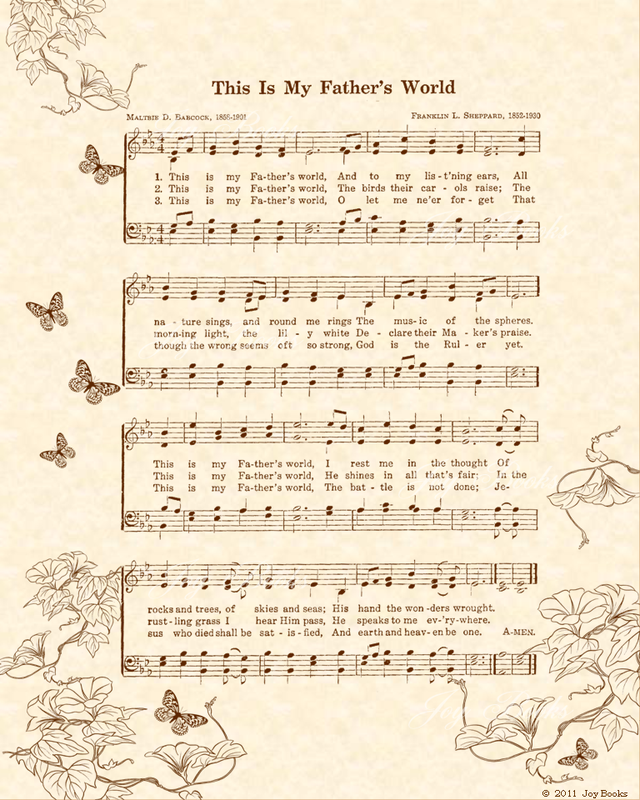 This Is My Father's World - Christian Heritage Hymn, Sheet Music, Vintage Style, White Linen Paper, Burgundy Ink, Colorful Carnations and Butterflies, 8x10 art print ready to frame, Vintage Verses