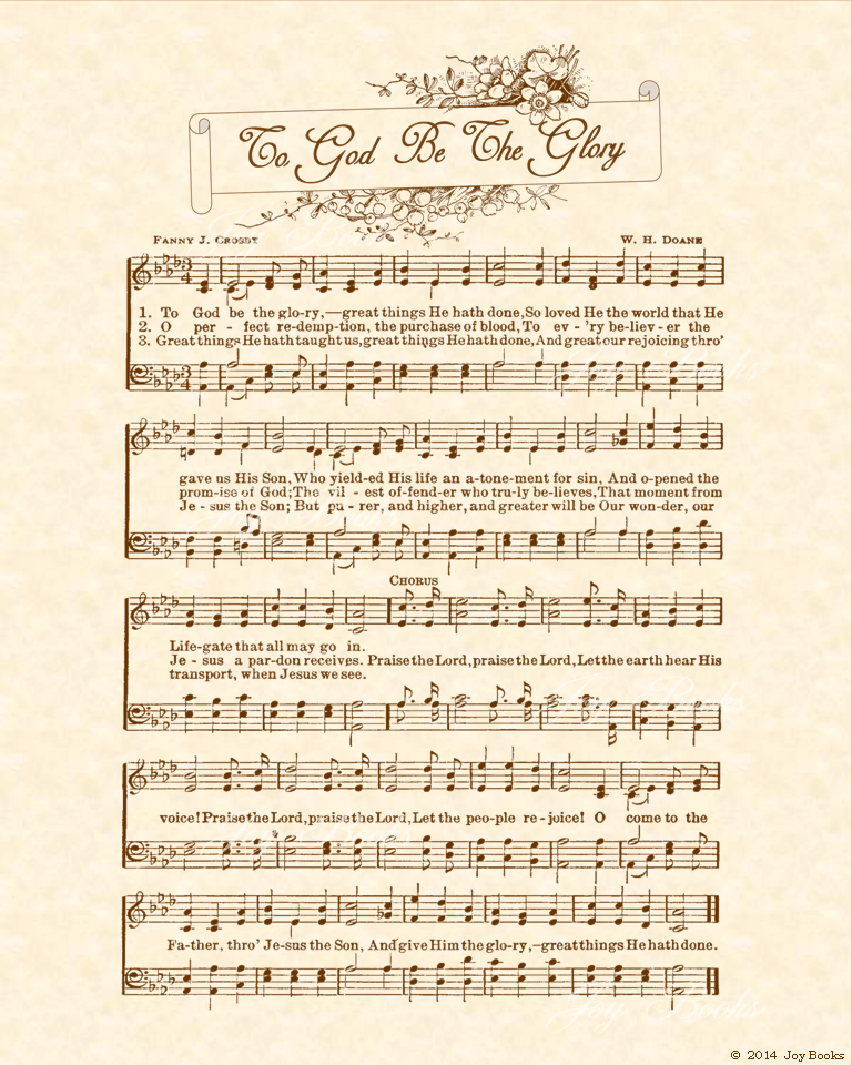 To God Be The Glory a.k.a. Praise The Lord! Praise the Lord! - Christian Heritage Hymn, Sheet Music, Vintage Style, Natural Parchment, Sepia Brown Ink, 8x10 art print ready to frame, Vintage Verses