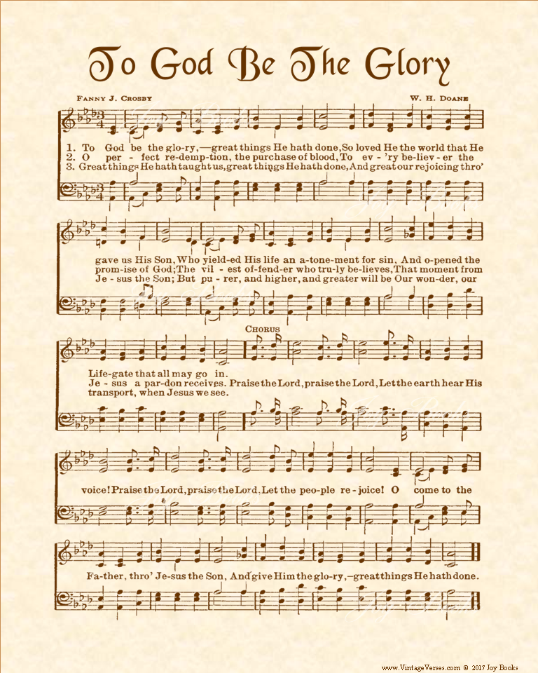 To God Be The Glory - Christian Heritage Hymn, Sheet Music, Vintage Style, Natural Parchment, Sepia Brown Ink, 8x10 art print ready to frame, Vintage Verses