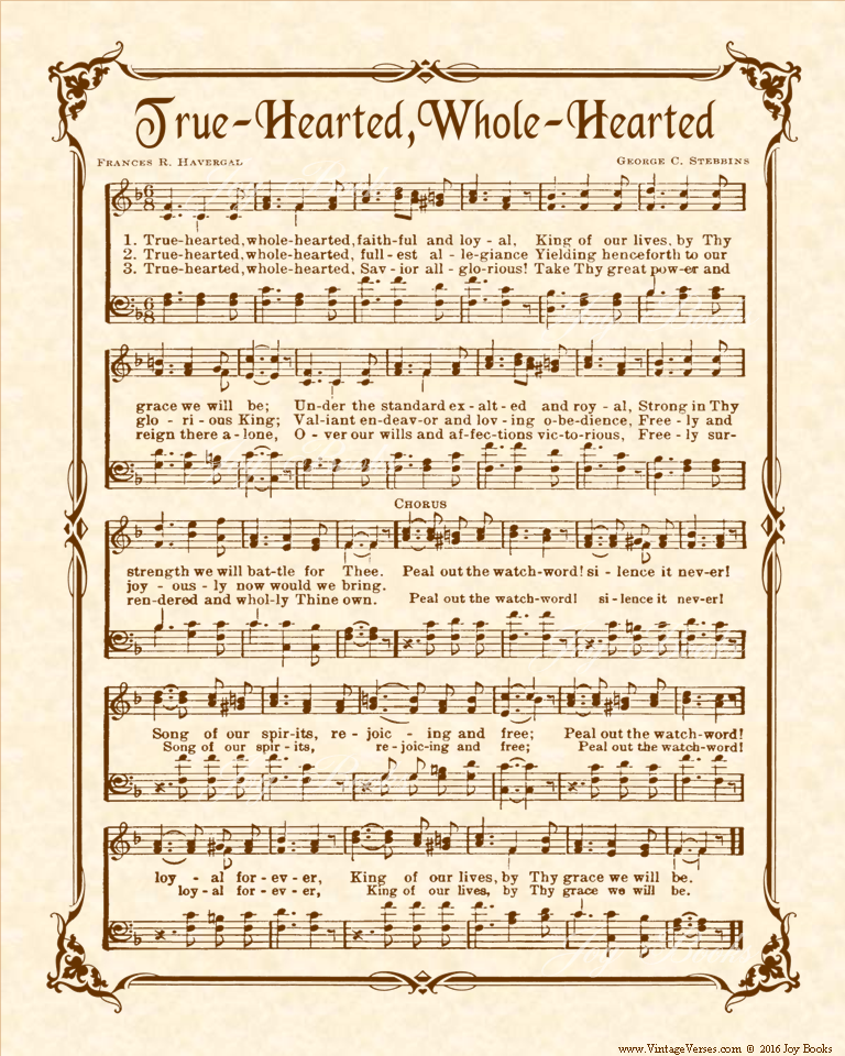 True Hearted, Whole Hearted - Christian Heritage Hymn, Sheet Music, Vintage Style, Natural Parchment, Sepia Brown Ink, 8x10 art print ready to frame, Vintage Verses