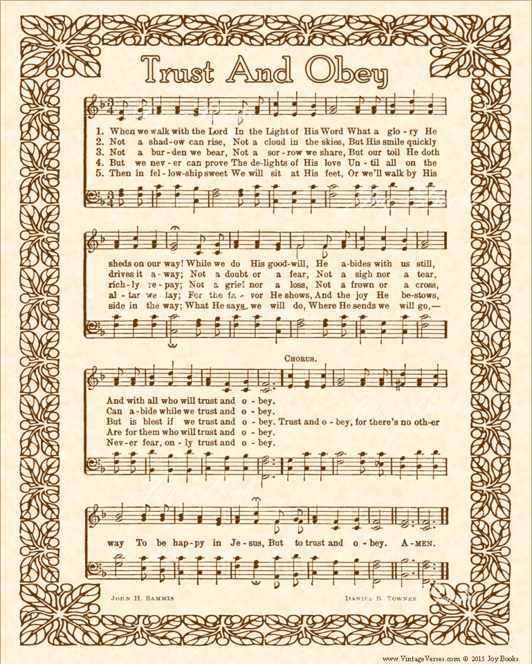 Trust And Obey a.k.a. When We Walk With The Lord - Christian Heritage Hymn, Sheet Music, Vintage Style, Natural Parchment, Sepia Brown Ink, 8x10 art print ready to frame, Vintage Verses