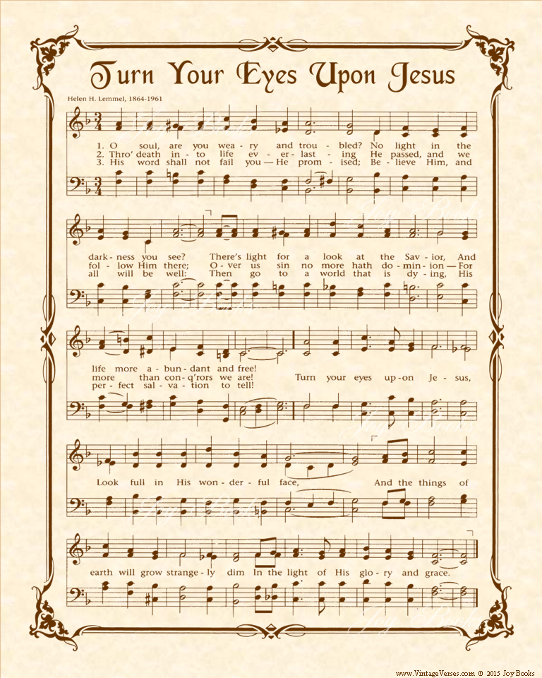 Turn Your Eyes Upon Jesus - Christian Heritage Hymn, Sheet Music, Vintage Style, Natural Parchment, Sepia Brown Ink, 8x10 art print ready to frame, Vintage Verses