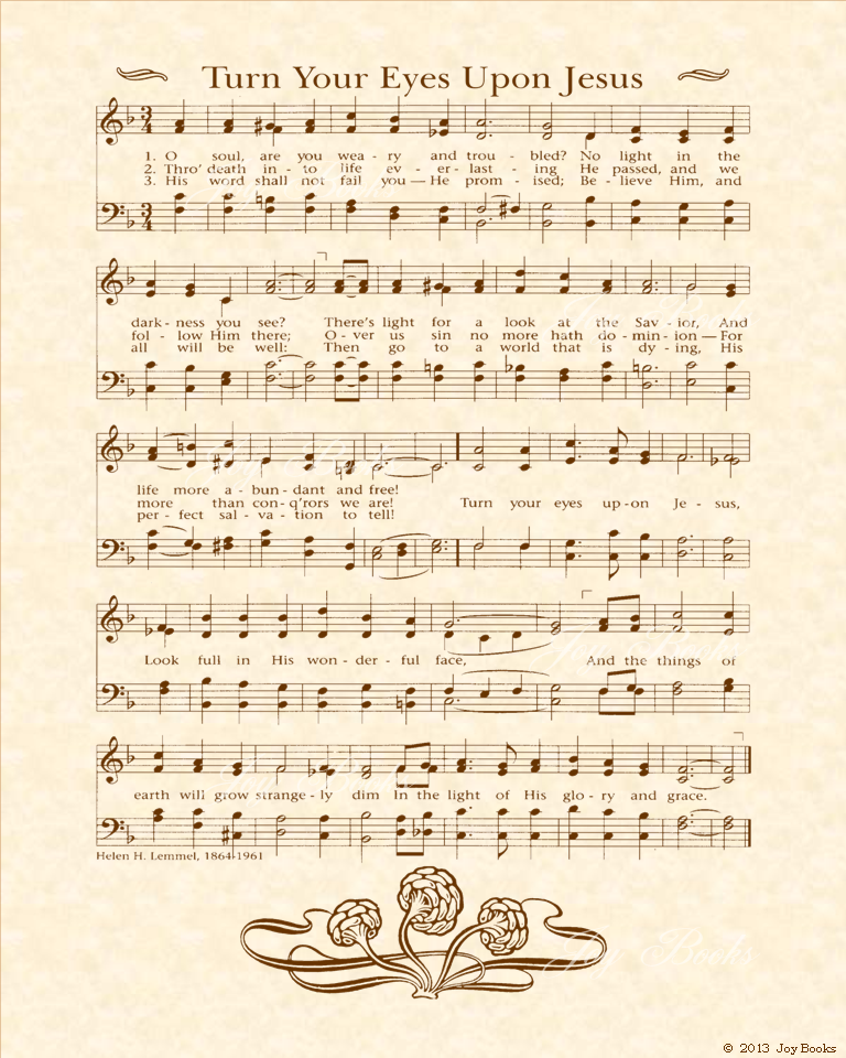 Turn Your Eyes Upone Jesus - Christian Heritage Hymn, Sheet Music, Vintage Style, Natural Parchment, Sepia Brown Ink, 8x10 art print ready to frame, Vintage Verses