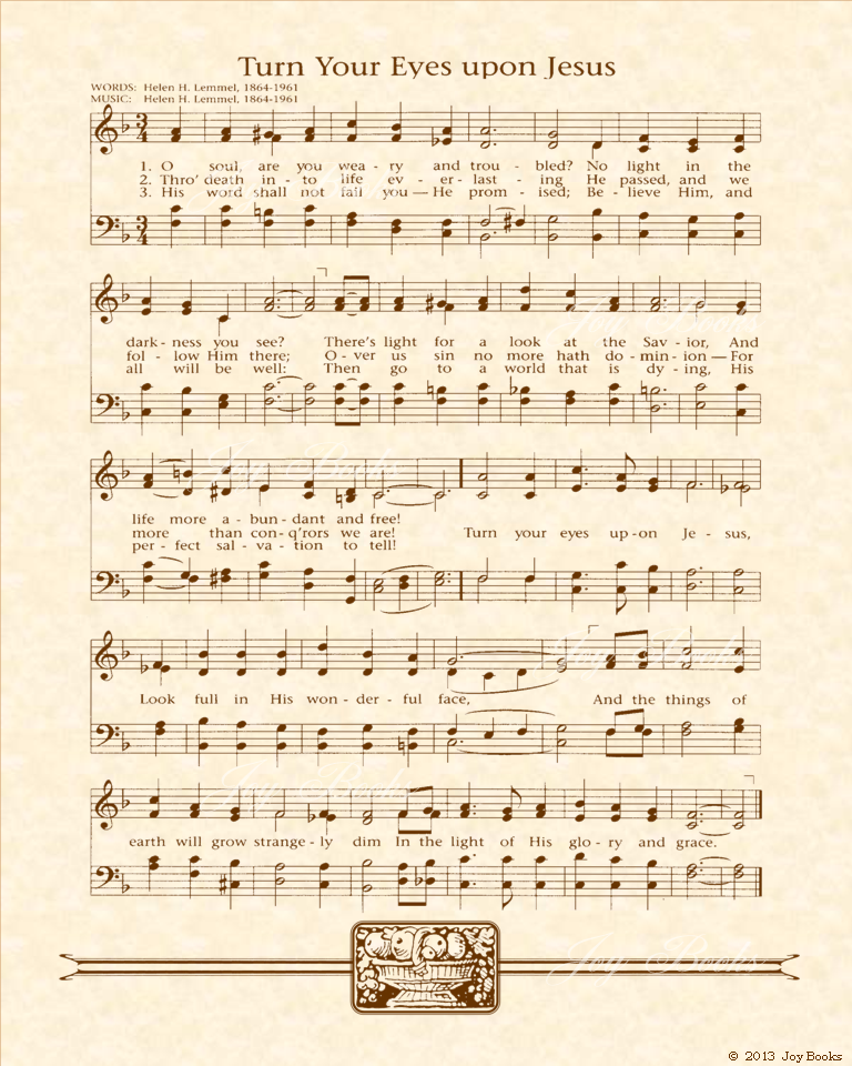 Turn Your Eyes Upon Jesus - Christian Heritage Hymn, Sheet Music, Vintage Style, Natural Parchment, Sepia Brown Ink, 8x10 art print ready to frame, Vintage Verses