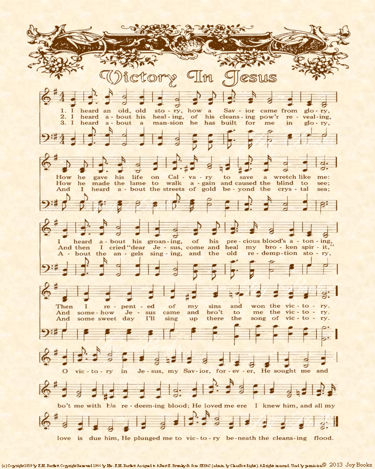 Victory In Jesus - Christian Heritage Hymn, Sheet Music, Vintage Style, Natural Parchment, Sepia Brown Ink, 8x10 art print ready to frame, Vintage Verses