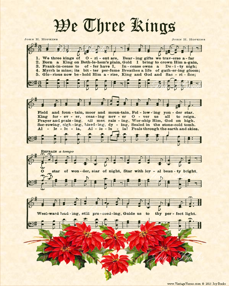 We Three Kings - Christian Heritage Hymn, Sheet Music, Vintage Style, Natural Parchment, Christmas Evergreen Ink, Red Poinsettias, 8x10 art print ready to frame, Vintage Verses