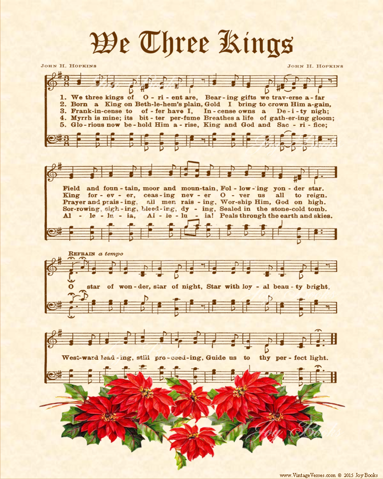 We Three Kings - Christian Heritage Hymn, Sheet Music, Vintage Style, Natural Parchment, Sepia Brown Ink, Red Poinsettias, 8x10 art print ready to frame, Vintage Verses