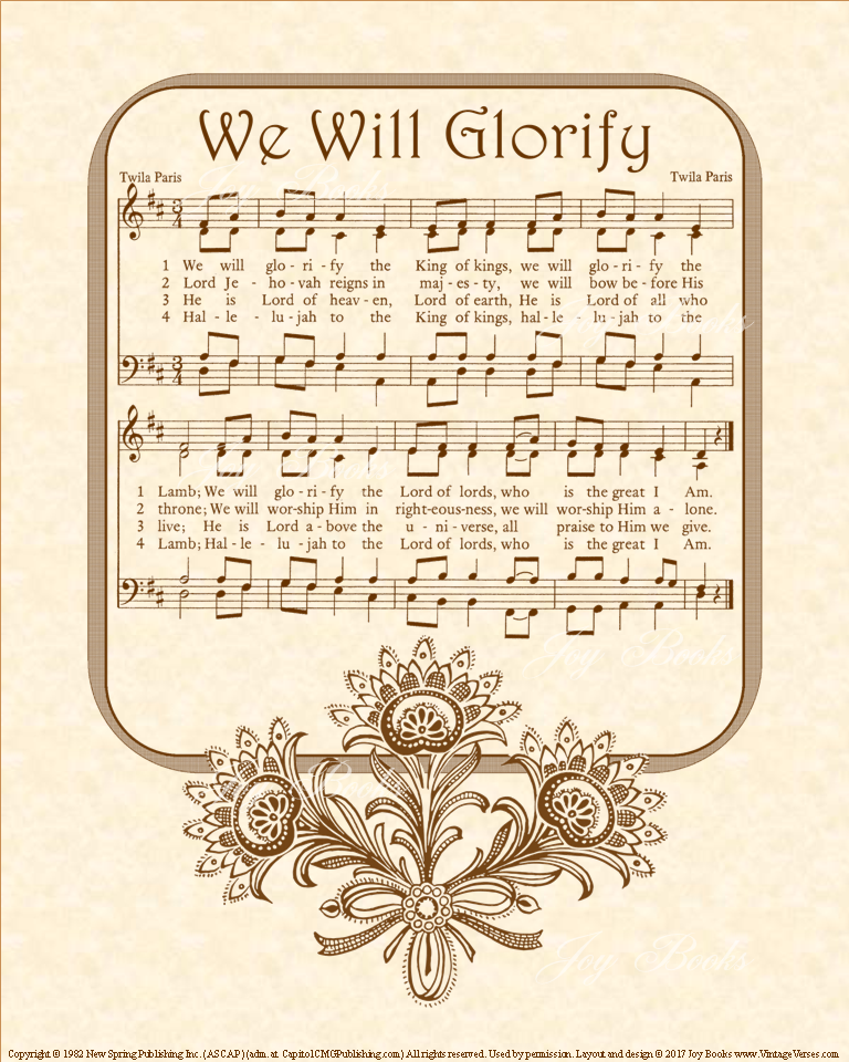 We Will Glorify - Christian Heritage Hymn, Sheet Music, Vintage Style, Natural Parchment, Sepia Brown Ink, 8x10 art print ready to frame, Vintage Verses