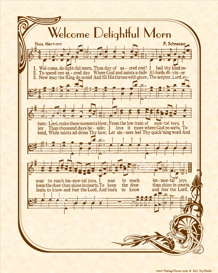 Welcome Delightful Morn - Christian Heritage Hymn, Sheet Music, Vintage Style, Natural Parchment, Sepia Brown Ink, Red Poinsettias, 8x10 art print ready to frame, Vintage Verses