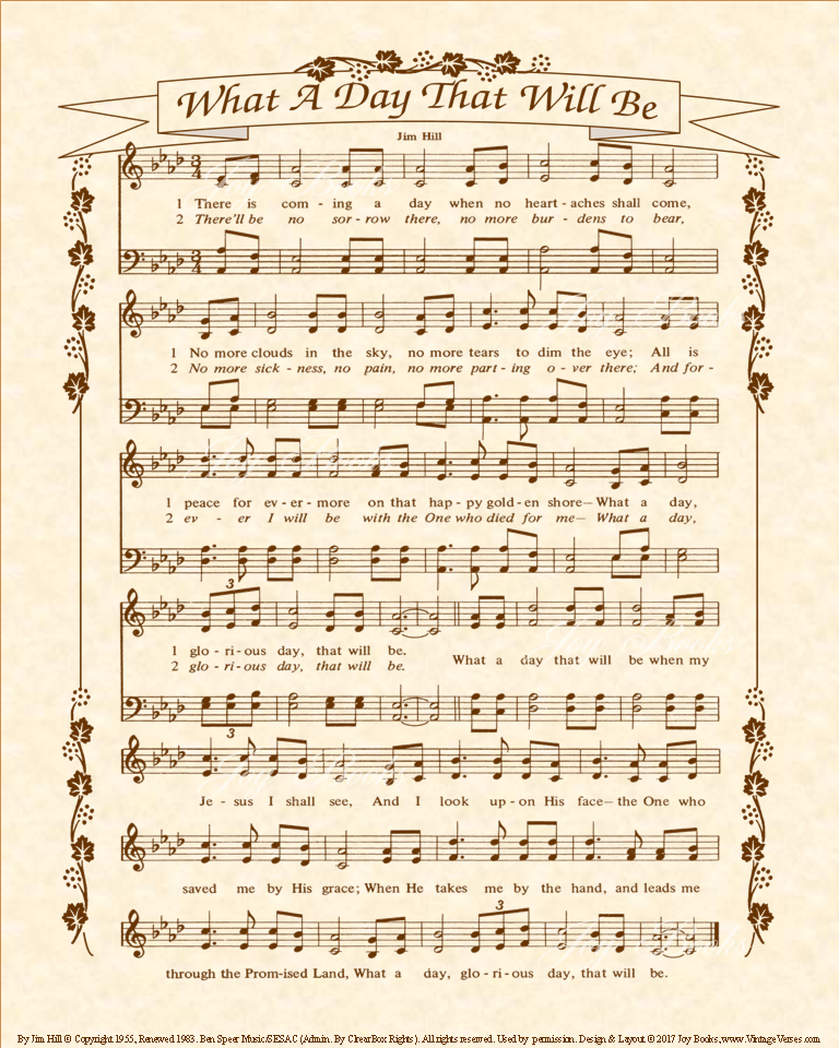 What A Day That Will Be - Christian Heritage Hymn, Sheet Music, Vintage Style, Natural Parchment, Sepia Brown Ink, 8x10 art print ready to frame, Vintage Verses