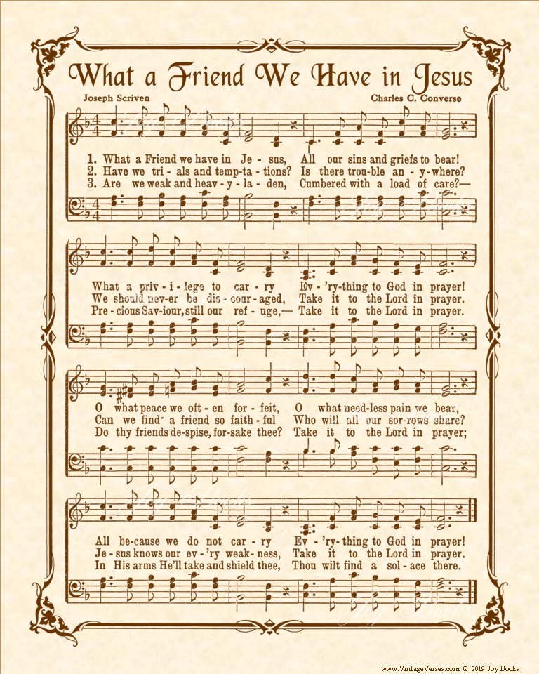 What A Friend We Have In Jesus - Christian Heritage Hymn, Sheet Music, Vintage Style, Natural Parchment, Sepia Brown Ink, 8x10 art print ready to frame, Vintage Verses