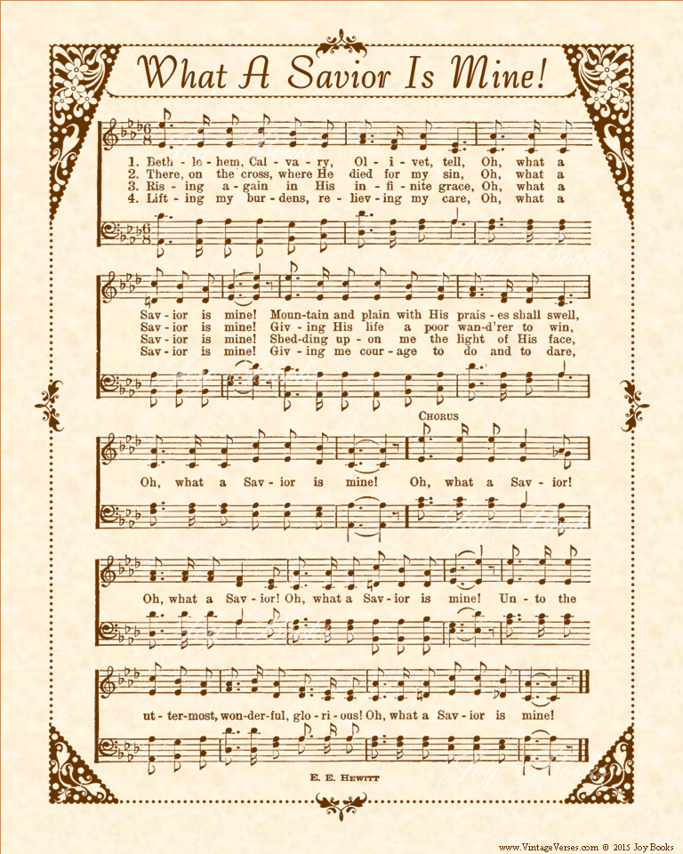 What A Savior Is Mine - Christian Heritage Hymn, Sheet Music, Vintage Style, Natural Parchment, Sepia Brown Ink, 8x10 art print ready to frame, Vintage Verses