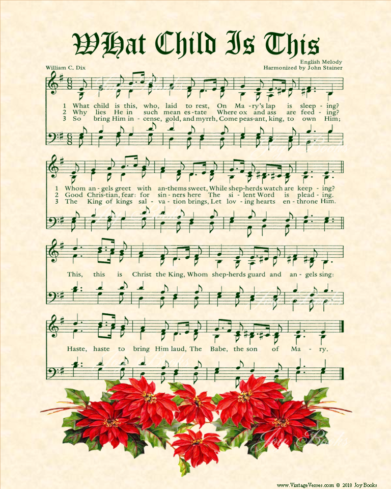 What Child Is This - Christian Heritage Hymn, Sheet Music, Vintage Style, Natural Parchment, Hunter Green Ink, Red Poinsettias, 8x10 art print ready to frame, Vintage Verses