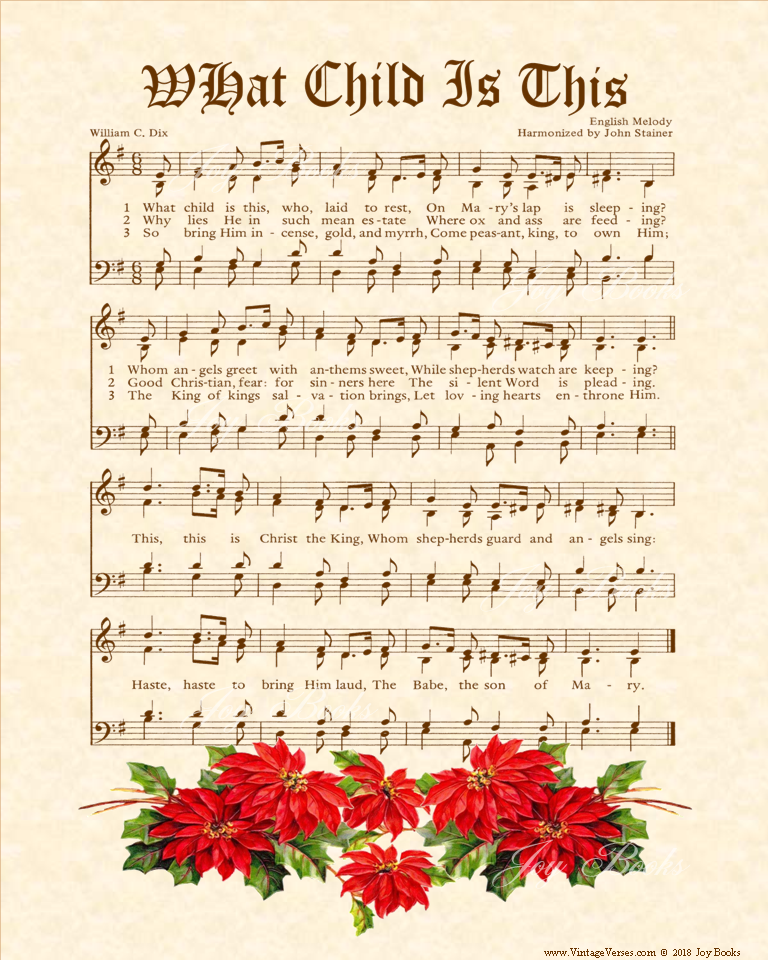 What Child Is This - Christian Heritage Hymn, Sheet Music, Vintage Style, Natural Parchment, Sepia Brown Ink, Red Poinsettias, 8x10 art print ready to frame, Vintage Verses