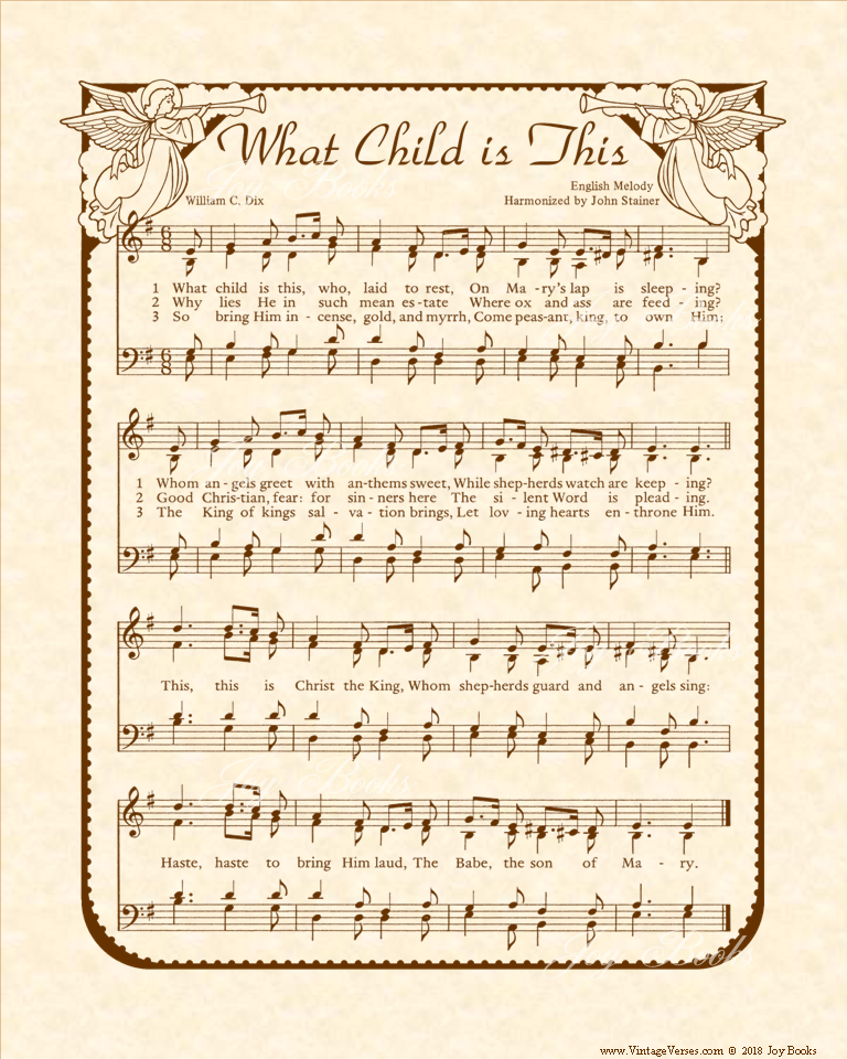 What Child Is This - Christian Heritage Hymn, Sheet Music, Vintage Style, Natural Parchment, Sepia Brown Ink, 8x10 art print ready to frame, Vintage Verses