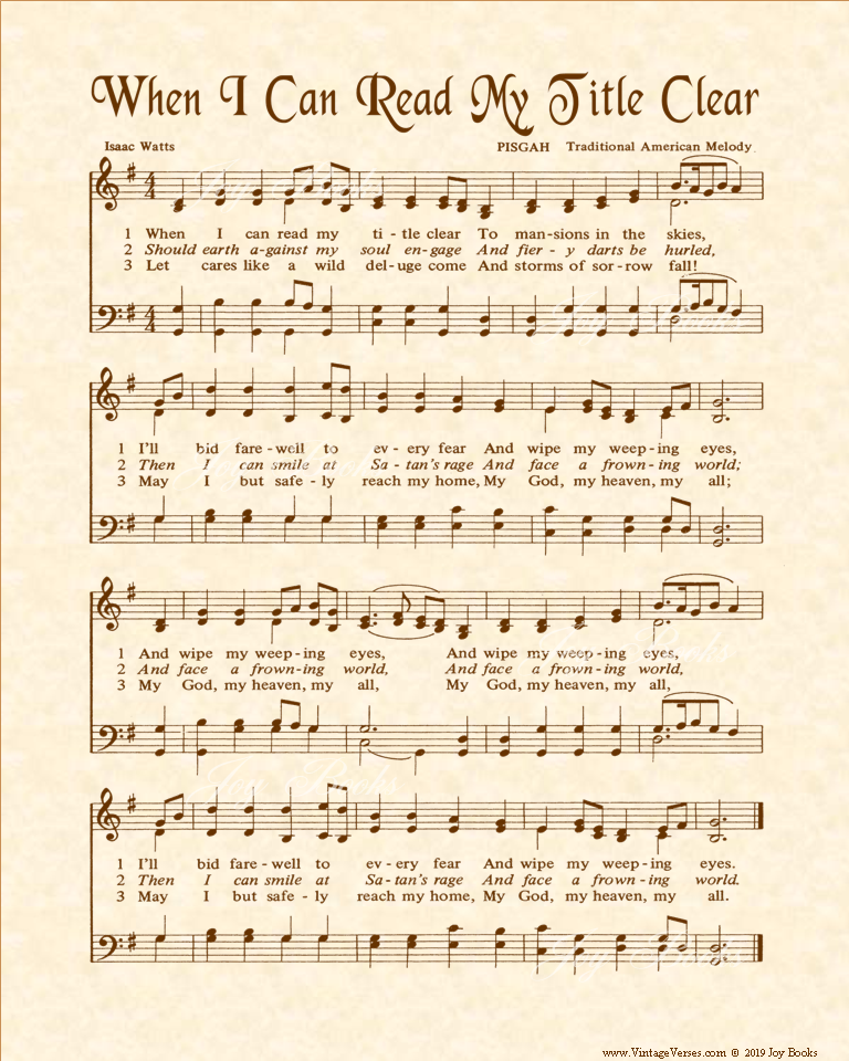 When I Can Read My Title Clear  - Christian Heritage Hymn, Sheet Music, Vintage Style, Natural Parchment, Sepia Brown Ink, 8x10 art print ready to frame, Vintage Verses