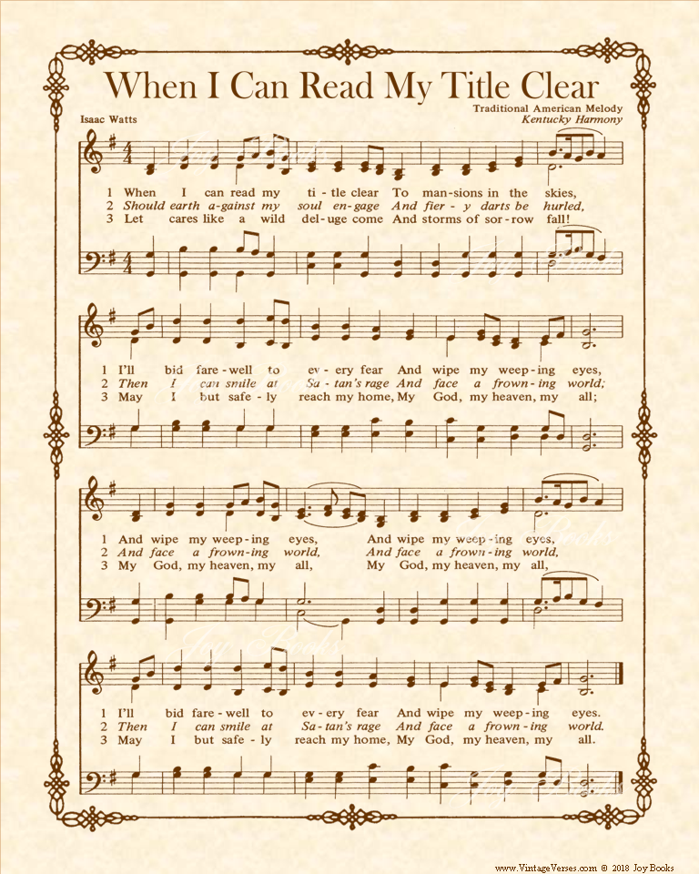 When I Can Read My Title Clear - Christian Heritage Hymn, Sheet Music, Vintage Style, Natural Parchment, Sepia Brown Ink, 8x10 art print ready to frame, Vintage Verses