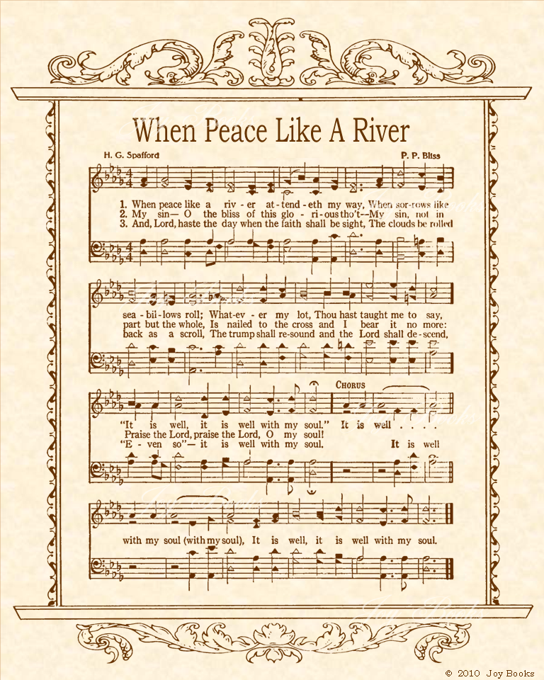 When Peace Like A River - Christian Heritage Hymn, Sheet Music, Vintage Style, Natural Parchment, Sepia Brown Ink, 8x10 art print ready to frame, Vintage Verses