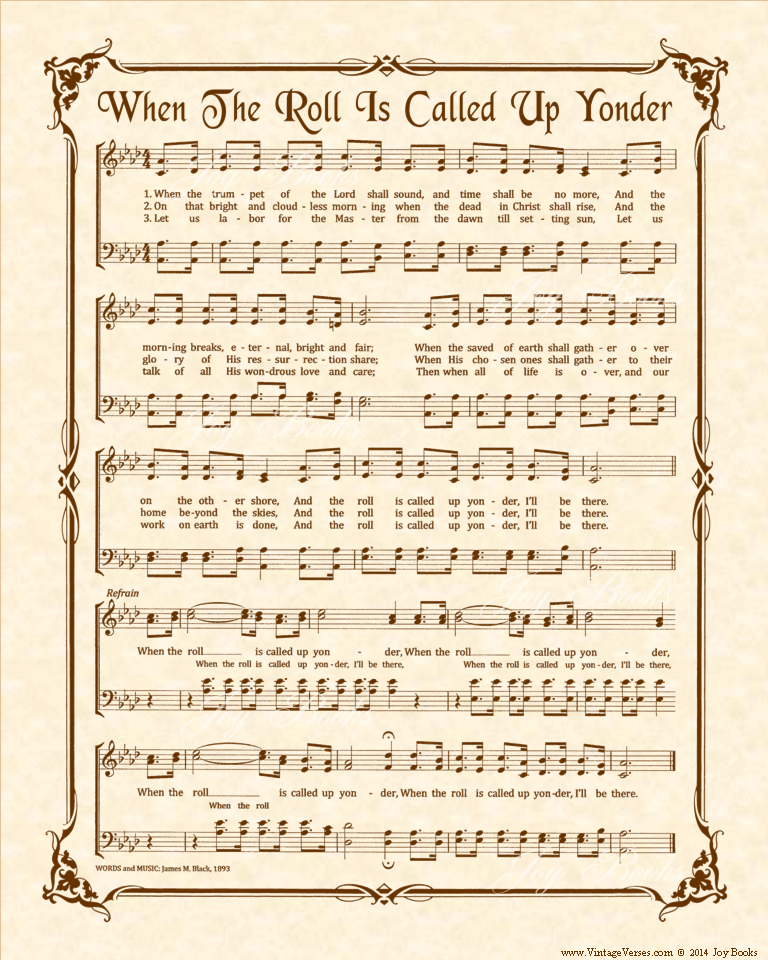 When The Roll Is Called Up Yonder a.k.a. When The Trumpet Of The Lord Shall Sound - Christian Heritage Hymn, Sheet Music, Vintage Style, Natural Parchment, Sepia Brown Ink, 8x10 art print ready to frame, Vintage Verses