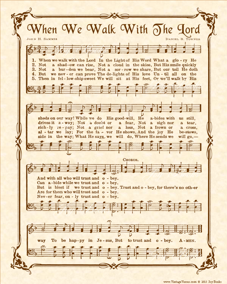 When We Walk With The Lord aka Trust And Obey - Christian Heritage Hymn, Sheet Music, Vintage Style, Natural Parchment, Sepia Brown Ink, 8x10 art print ready to frame, Vintage Verses