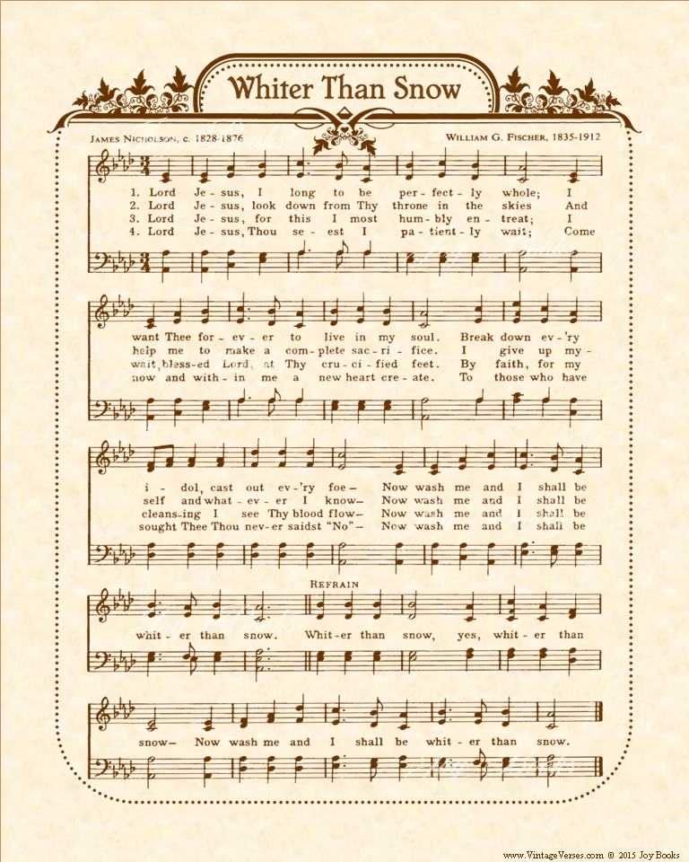 Whiter Than Snow - Christian Heritage Hymn, Sheet Music, Vintage Style, Natural Parchment, Sepia Brown Ink, 8x10 art print ready to frame, Vintage Verses