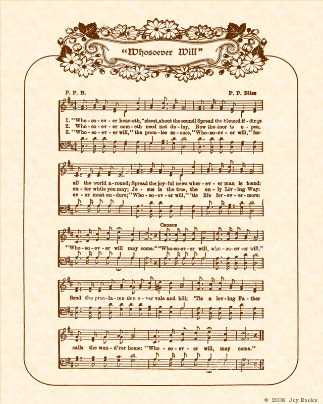 Whosoever Will - Christian Heritage Hymn, Sheet Music, Vintage Style, Natural Parchment, Sepia Brown Ink, 8x10 art print ready to frame, Vintage Verses
