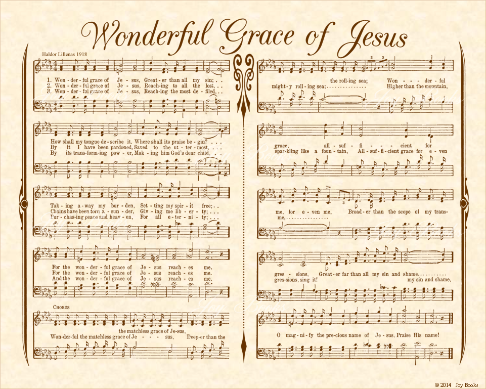 Wonderful Grace Of Jesus - Christian Heritage Hymn, Sheet Music, Vintage Style, Natural Parchment, Sepia Brown Ink, 8x10 art print ready to frame, Vintage Verses